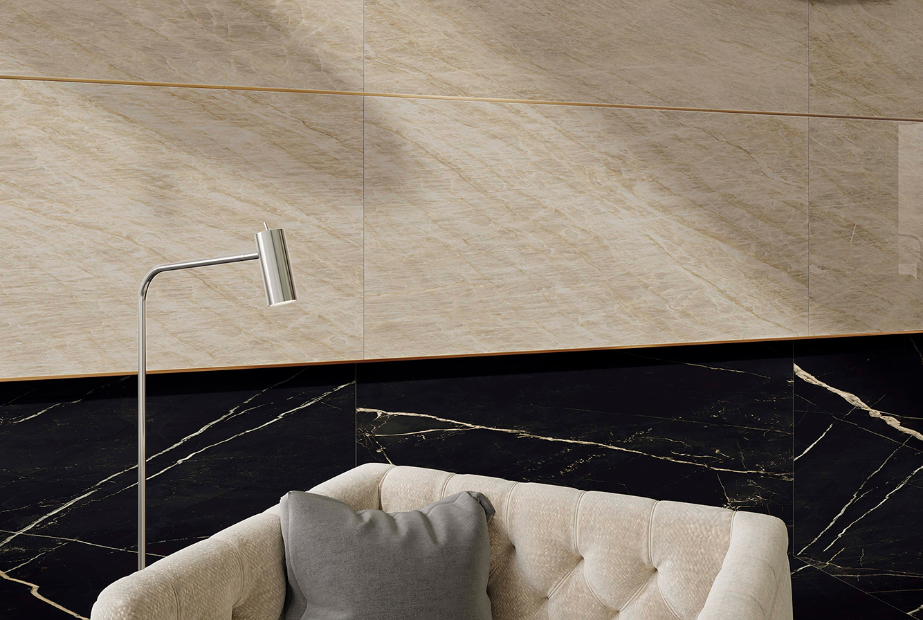 EMPIRE / CALACATTA BLACK POLISHED / TAJMAHAL POLISHED / LISTELLO GOLD METAL